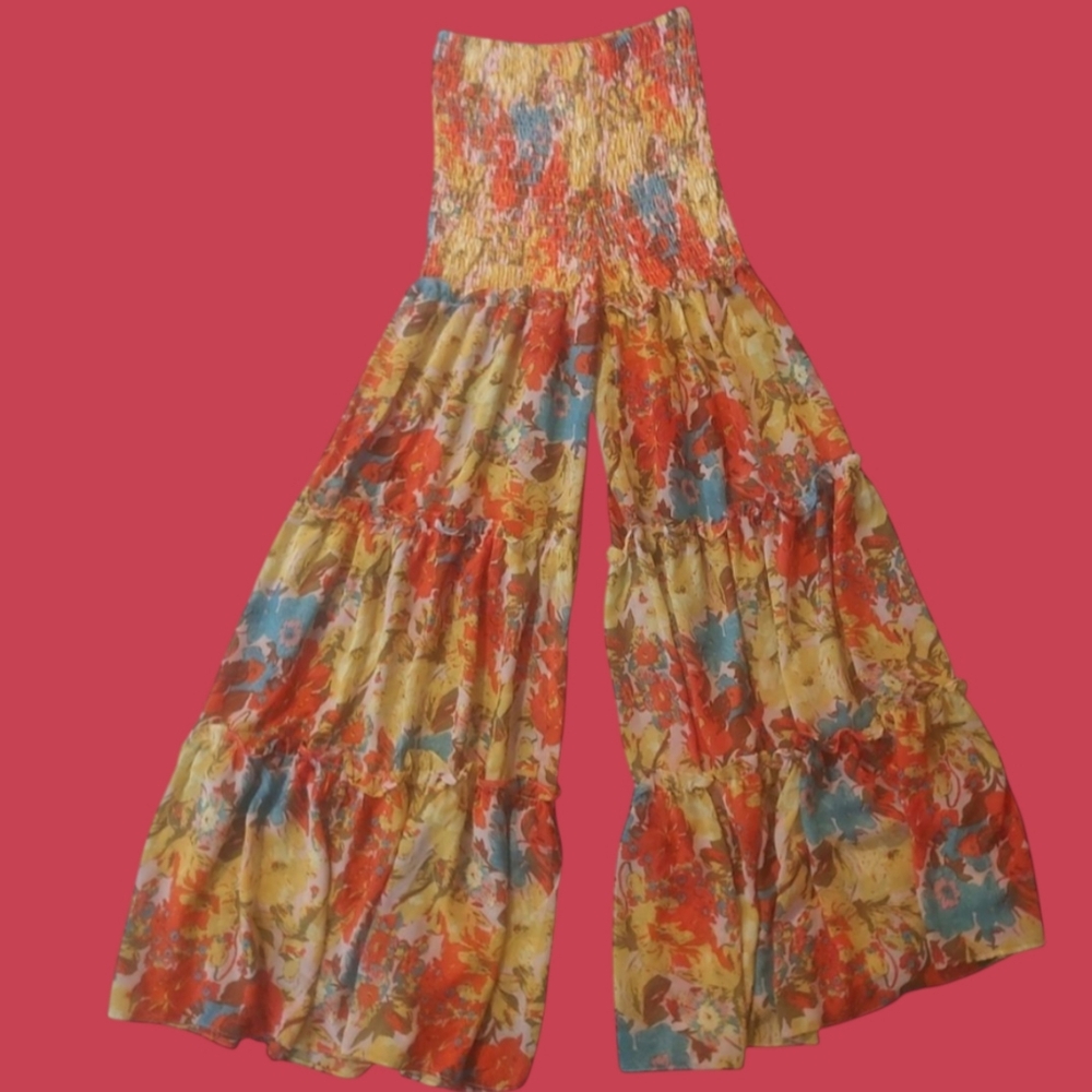 Banjul Floral Wide-Leg Pants Women's Multicolored Ruffles Size Medium